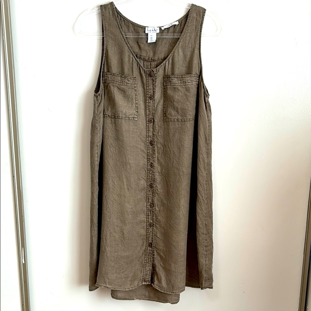 Nicole Miller - Olive Linen Buttoned Sleeveless Dress
